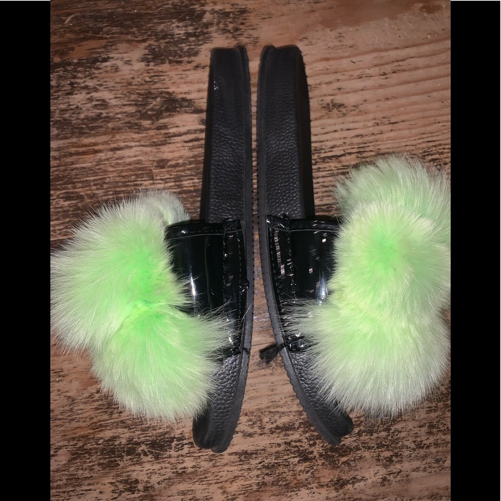 Givenchy like lime green fur and black patent leather slides